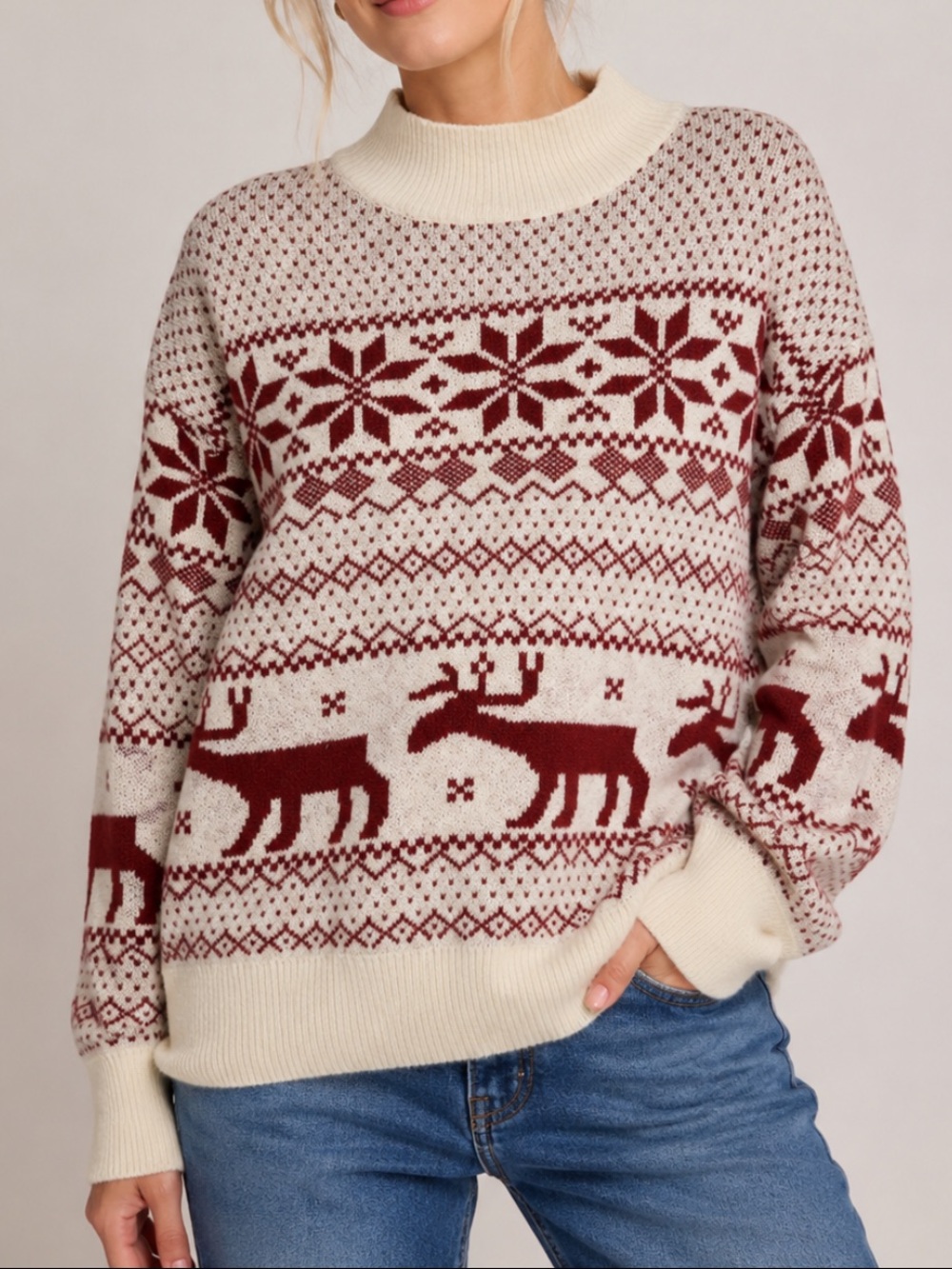 Gilli Fair Isle Reindeer Snowflake Sweater Cream Burgundy Mock Neck Nordic